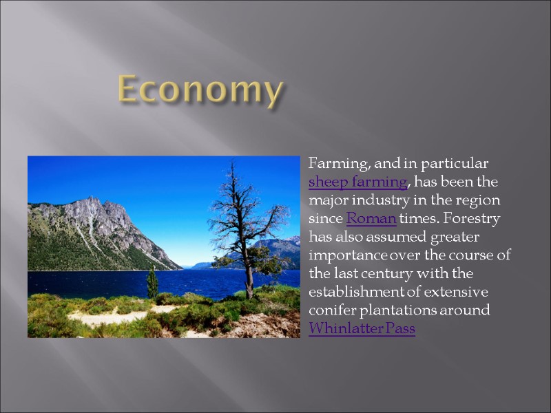 Economy Farming, and in particular sheep farming, has been the major industry in the